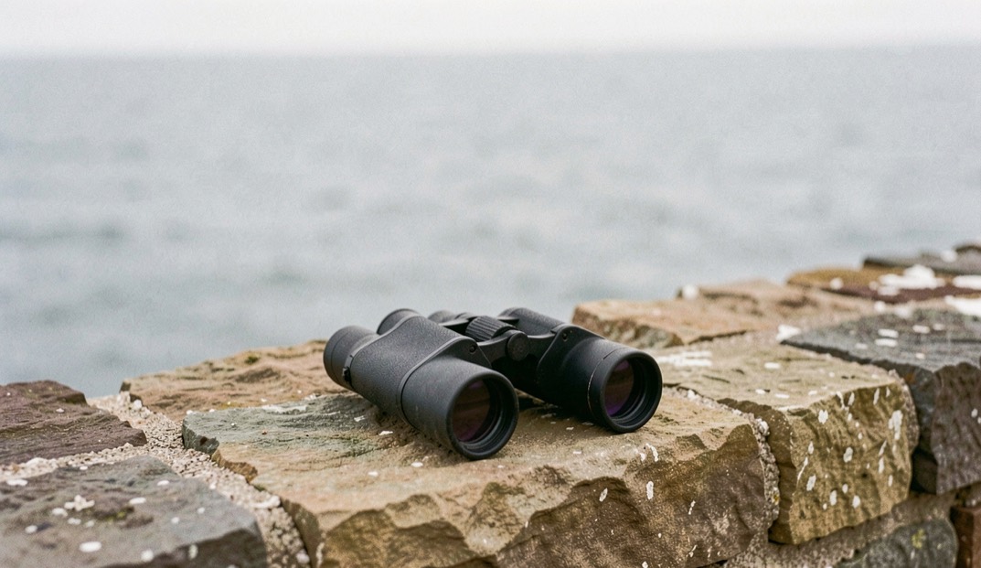 A pair of binoculars resting on a dry stone wall above a wide grey sea