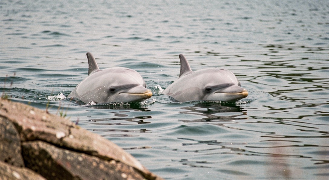 Two bottlenose dolphins, large and pale grey, surfacing together in a bay with a rocky point in the foreground