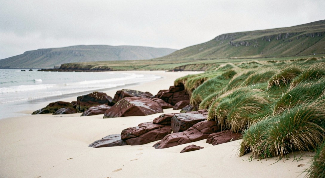 A pale sand beach in the north west Highlands of Scotland between low outcrops of dark red sandstone, wet green grass and low grey hills behind under an overcast sky