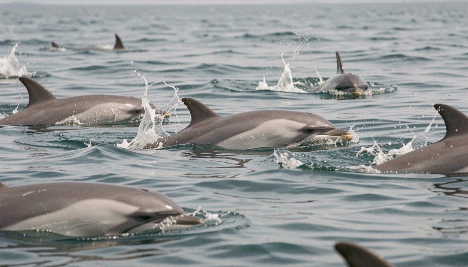 A pod of common dolphins crossing open water in a spread of small splashes, one animal clear of the surface showing its pale flank