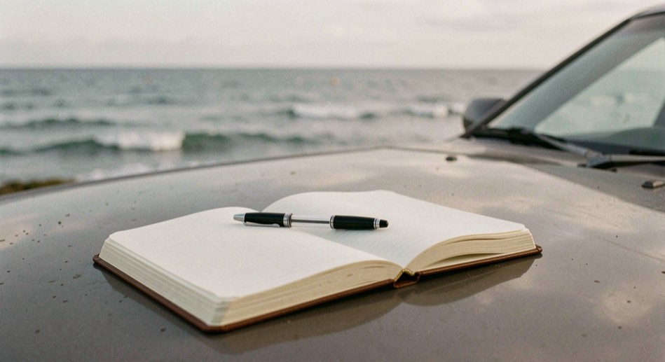An open notebook on a car bonnet with a pen across the page and the sea behind