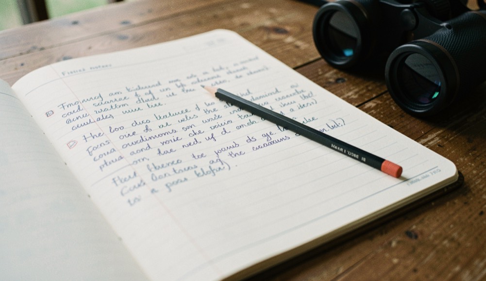 A ruled notebook of field notes seen at a shallow angle with the handwriting out of focus, a pencil across the page and a pair of binoculars beside it on a wooden table