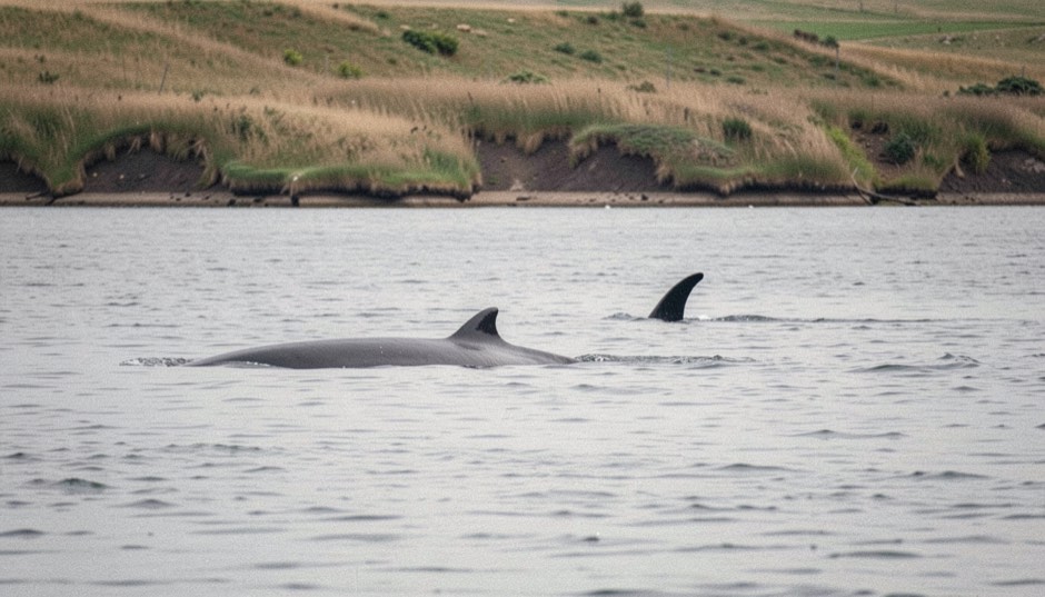 A flat grey sea below a grass headland with the long dark back and small curved dorsal fin of a whale breaking the surface