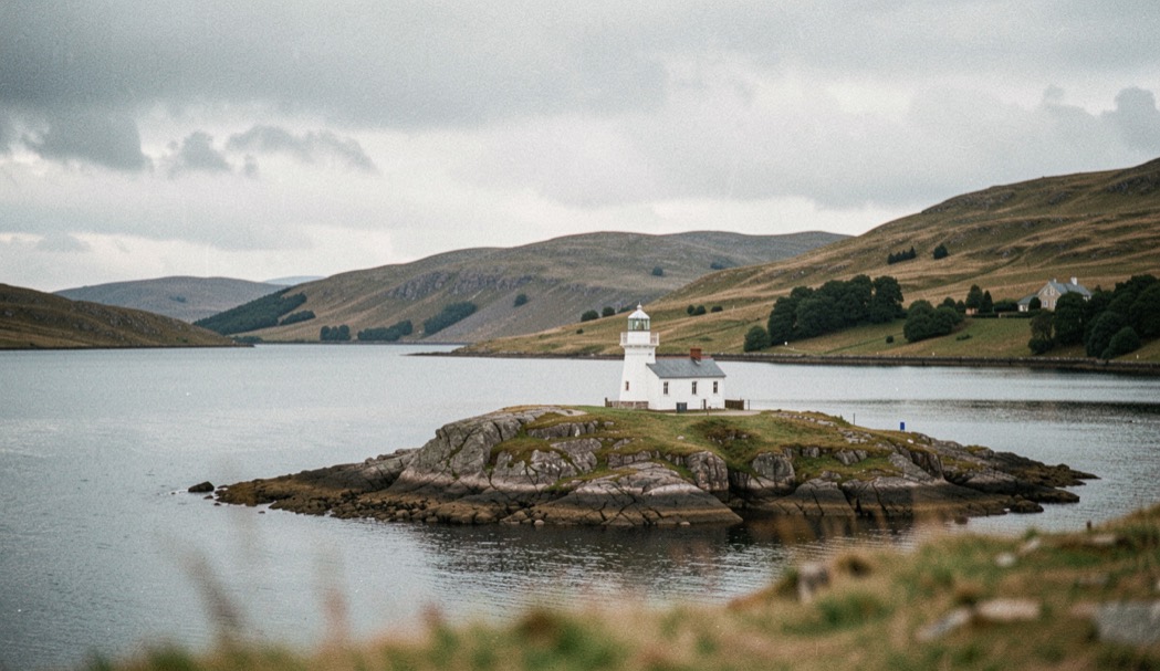 A small white lighthouse on a low rocky point above a calm sea loch with hills beyond