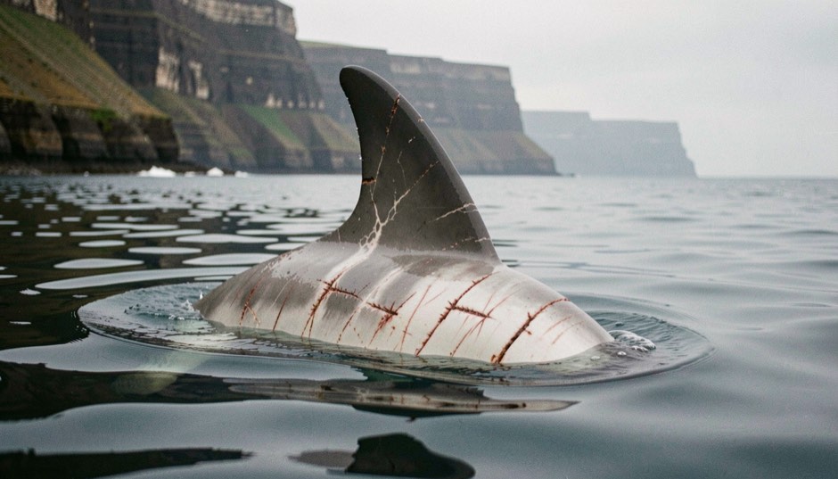 The pale, heavily scarred back and tall dark dorsal fin of a Risso’s dolphin breaking the surface, its head under the water, in deep water below high cliffs