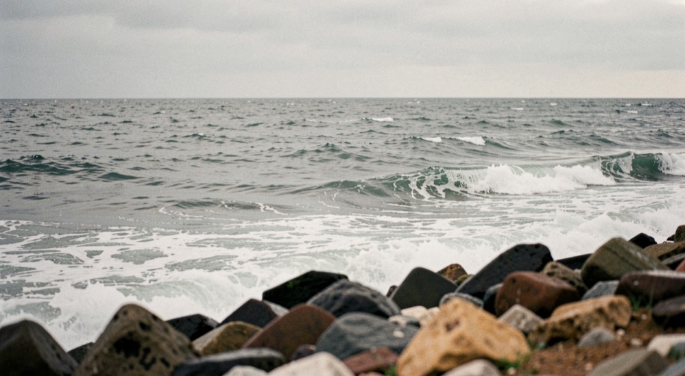 A sea surface breaking into small whitecaps under a grey sky with a rocky foreshore