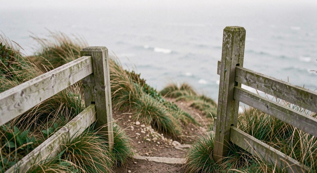 A weathered wooden stile and fence post on a clifftop path, grass bent by the wind, with the grey sea out of focus beyond
